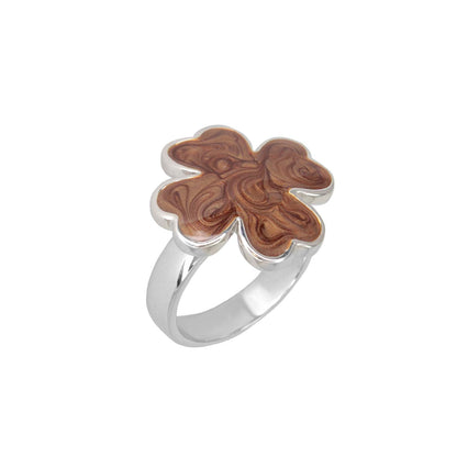 Clover enamel ring by Lauren G Adams, silver band with brown marbled clover motif cocktail ring on Tampa Home & Garden Store