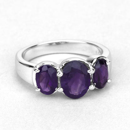 Three-stone amethyst ring in .925 sterling silver band with three purple gems, 3.20 carats on Tampa Home & Garden Store