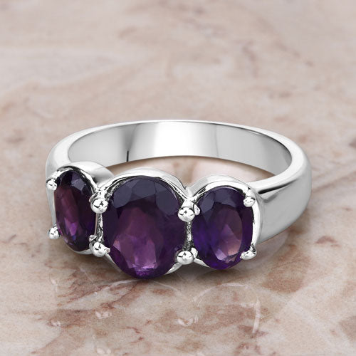 Amethyst ring with three oval-cut stones set in a sterling silver band on Tampa Home & Garden Store