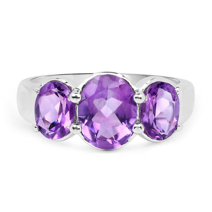 3.20 Carat Genuine Amethyst .925 Sterling Silver Ring with a triple-stone violet setting on Tampa Home & Garden Store