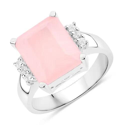 Ring with square-cut rose quartz center and white topaz accents in .925 sterling silver on Tampa Home & Garden Store