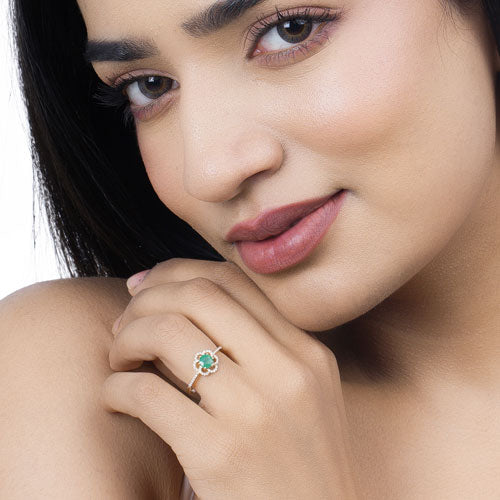 Ring with round green Zambian emerald haloed by white diamonds in 14K yellow gold on Tampa Home & Garden Store