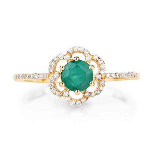 Emerald and white diamond halo ring in 14K yellow gold with a central Zambian emerald, 0.55ct on Tampa Home & Garden Store