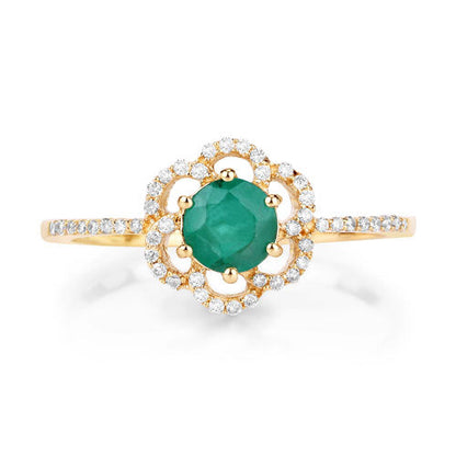 Emerald and white diamond halo ring in 14K yellow gold with a central Zambian emerald, 0.55ct on Tampa Home & Garden Store
