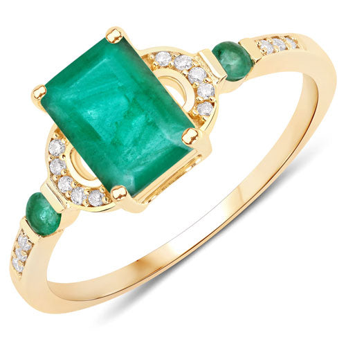 Ring 14K yellow gold with emerald cut Zambian emerald, diamond halo, side emeralds, Bids.com on Tampa Home & Garden Store