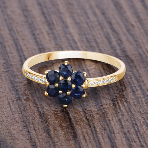 Ring 0.45ct blue sapphire flower cluster with white diamond pave on 10K yellow gold band on Tampa Home & Garden Store