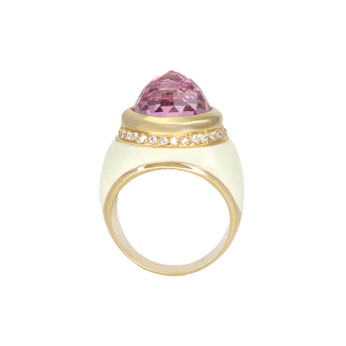 Cocktail ring with pink faceted dome gemstone, gold bezel, white enamel shank, pavé diamond band on Tampa Home & Garden Store