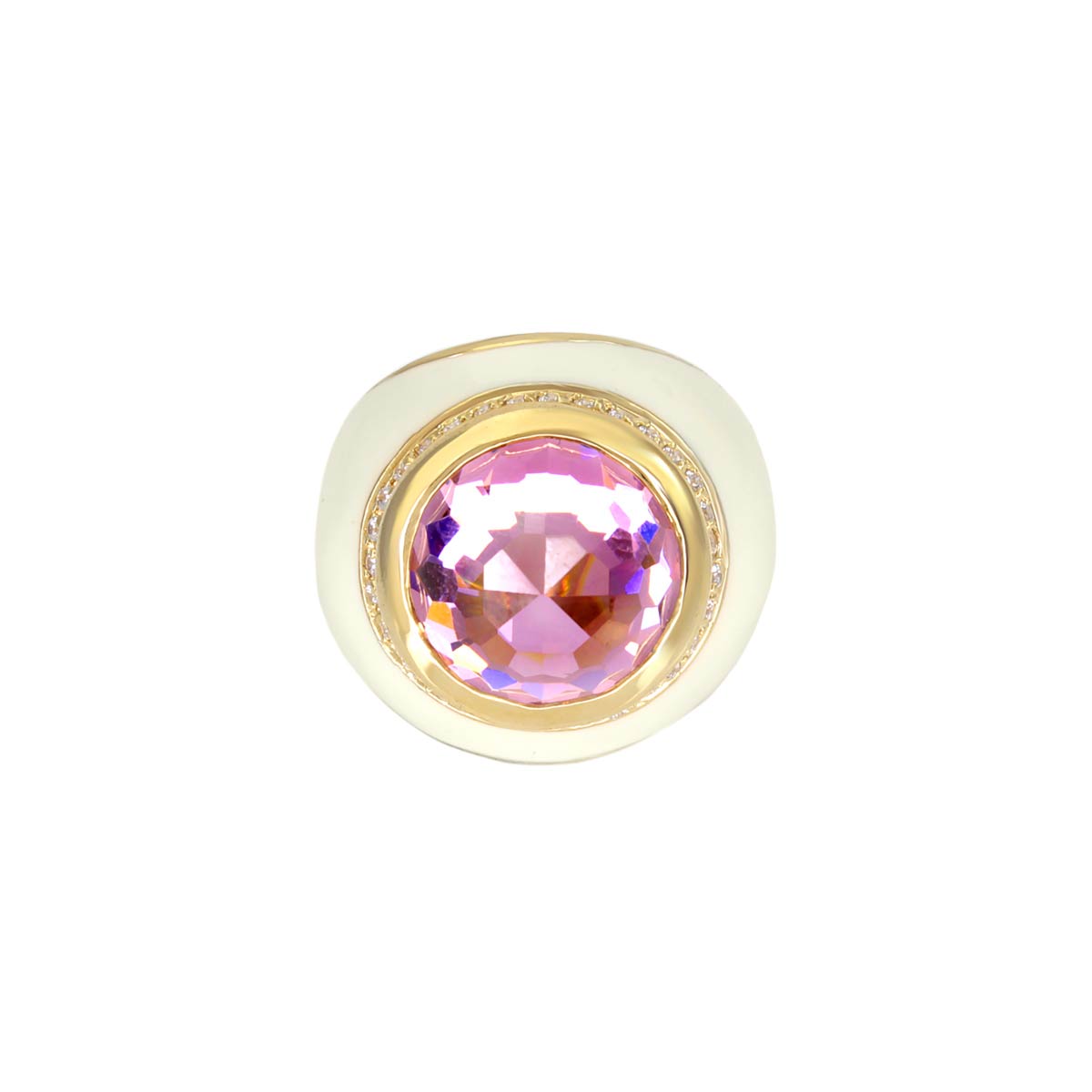 Cocktail Ring by Lauren G Adams, gold-tone band with a pink faceted center stone and diamond halo on Tampa Home & Garden Store