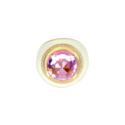 Cocktail Ring by Lauren G Adams, gold-tone band with a pink faceted center stone and diamond halo on Tampa Home & Garden Store