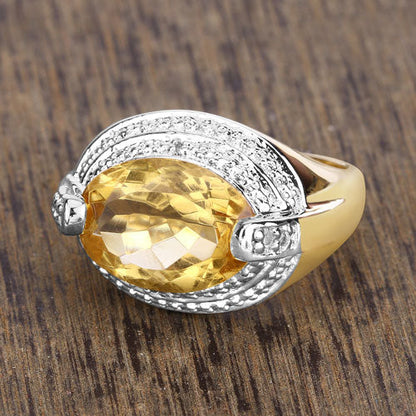 Citrine and diamond ring with oval citrine centerpiece and diamond halo on gold and silver band on Tampa Home & Garden Store