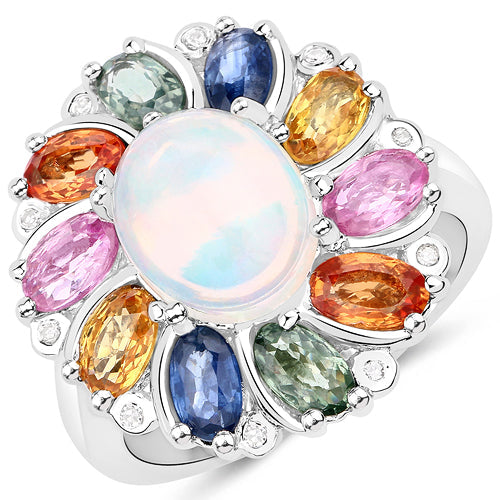 Ring: 3.92ct Ethiopian opal center with rainbow sapphires and white diamonds in sterling silver on Tampa Home & Garden Store