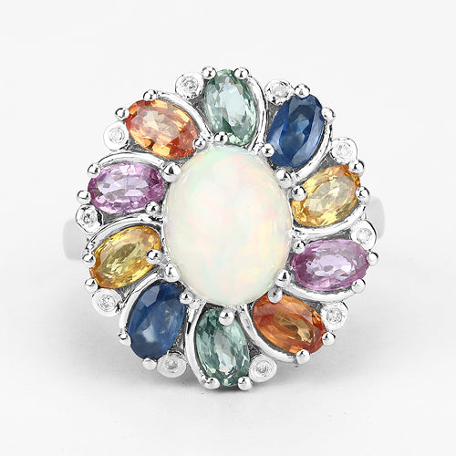 Ring with 3.92ct Ethiopian opal surrounded by sapphires and diamonds in .925 silver on Tampa Home & Garden Store