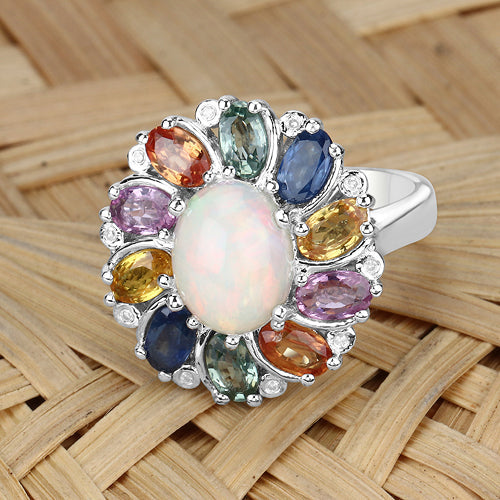 Ring: 3.92ct Ethiopian opal with sapphire halo and white diamonds, .925 silver, Bids.com on Tampa Home & Garden Store