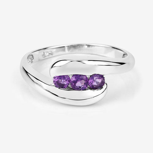 Ring featuring 0.54 carat genuine amethyst trio set in .925 sterling silver, curved band on Tampa Home & Garden Store