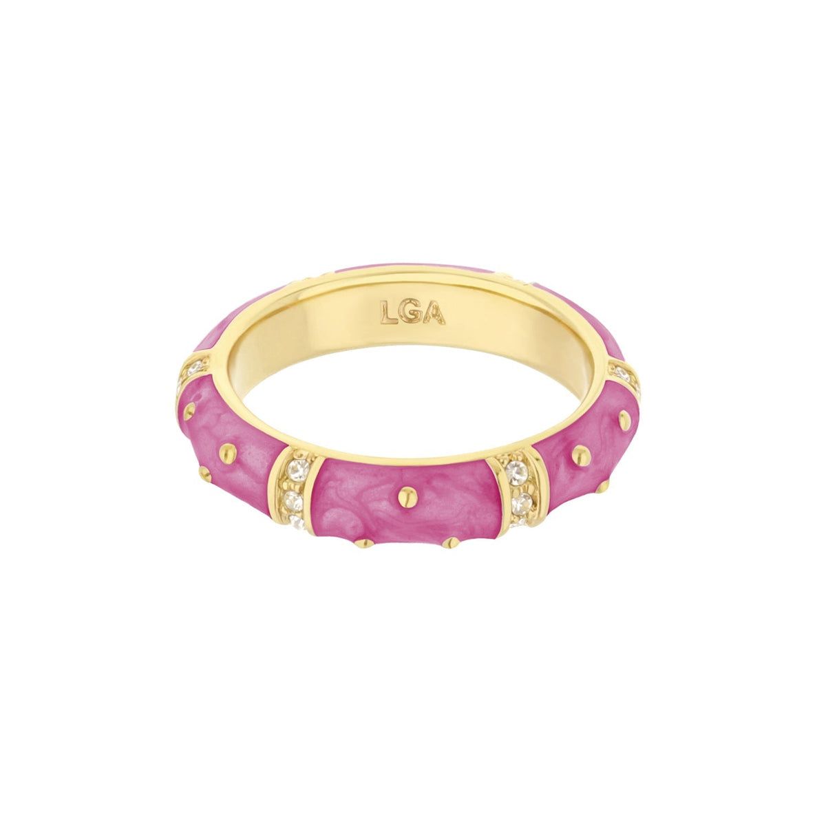 Polka Dot Stackable Ring pink enamel with gold-tone band and crystal accents LGA engraving on Tampa Home & Garden Store