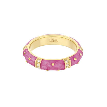 Polka Dot Stackable Ring pink enamel with gold-tone band and crystal accents LGA engraving on Tampa Home & Garden Store