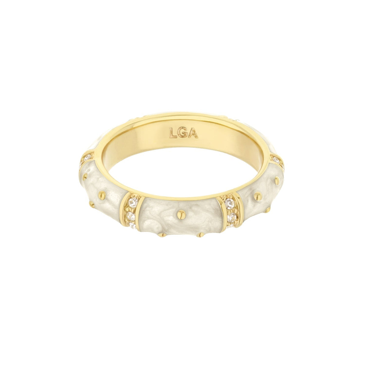Polka Dot Stackable Ring gold band with white enamel polka dots and crystal accents LGA inside on Tampa Home & Garden Store