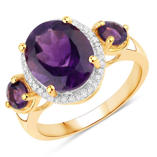 Bids.com 3.82ct 3-stone amethyst and white diamonds ring, yellow gold-tone halo on Tampa Home & Garden Store