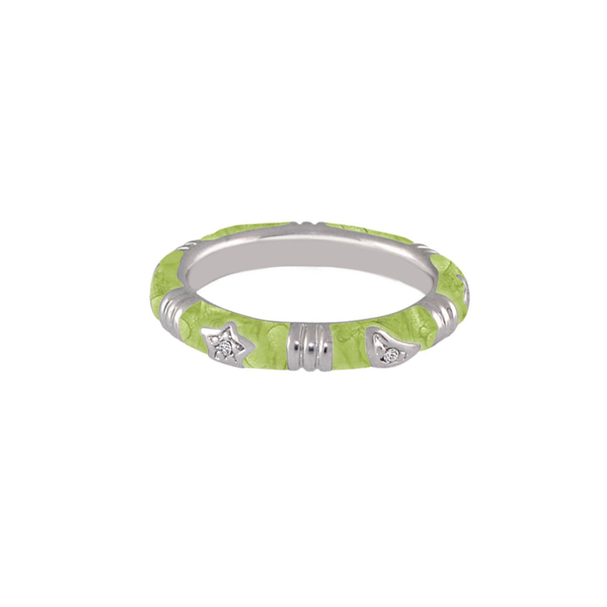 Stars of Night stackable ring slim lime-green band with silver star and moon charms on Tampa Home & Garden Store