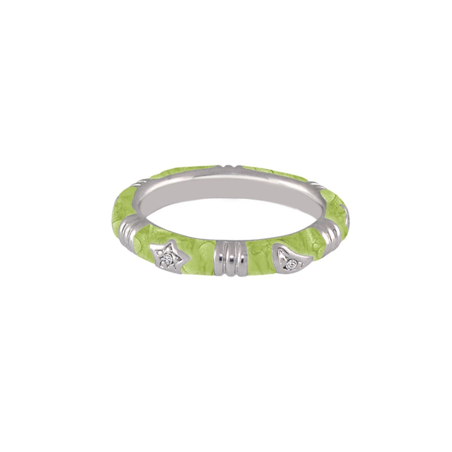 Stars of Night stackable ring slim lime-green band with silver star and moon charms on Tampa Home & Garden Store
