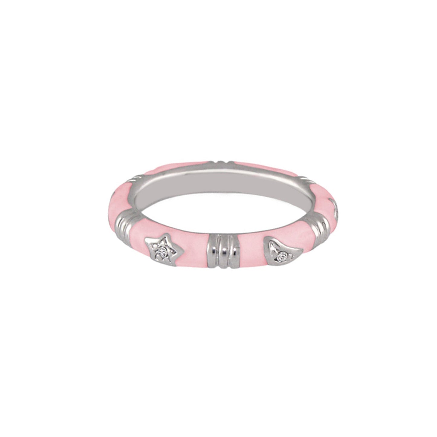 Stars of Night Stackable Ring — Slim Station Band pink enamel with silver star charms on Tampa Home & Garden Store