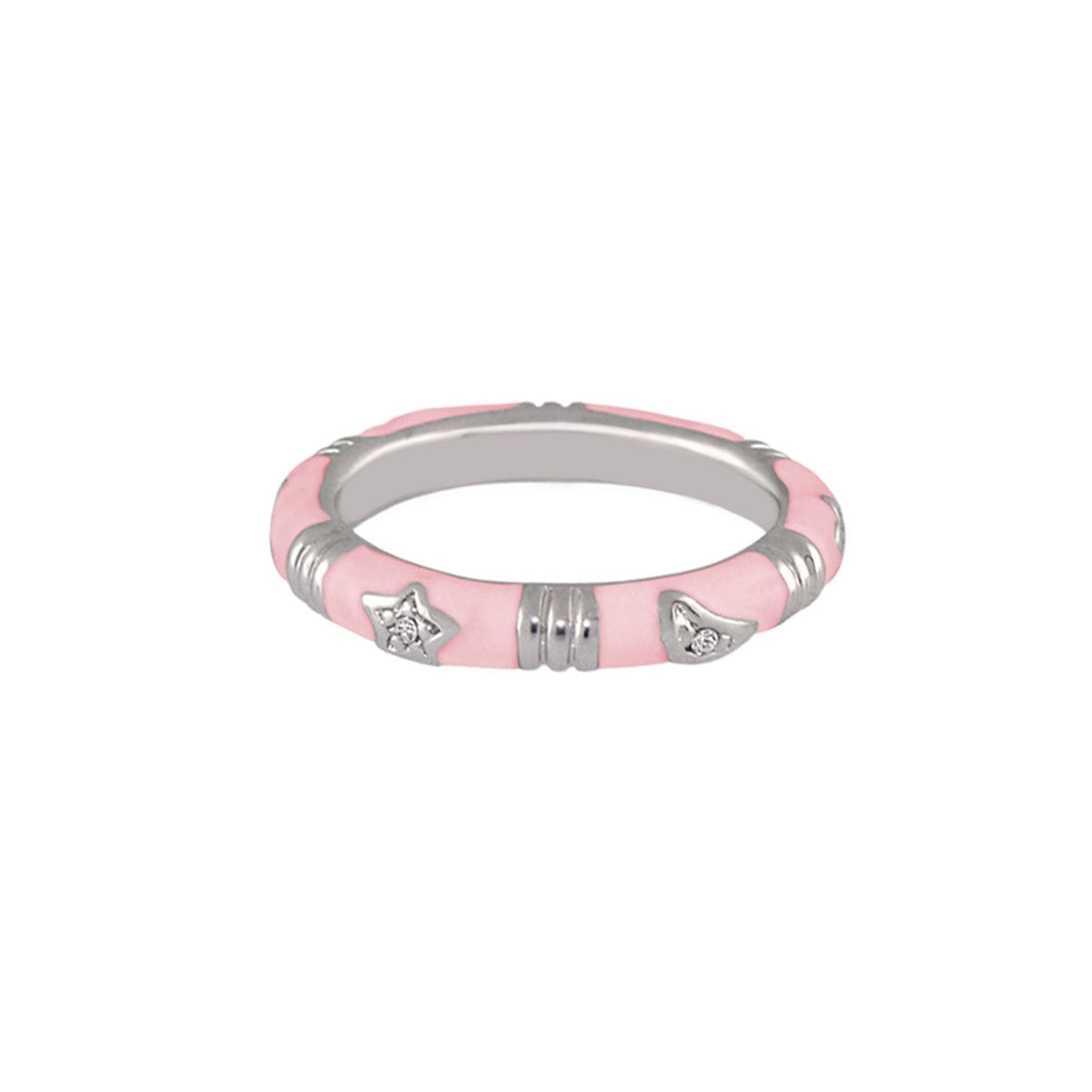 Stars of Night Stackable Ring — Slim Station Band pink enamel with silver star charms on Tampa Home & Garden Store
