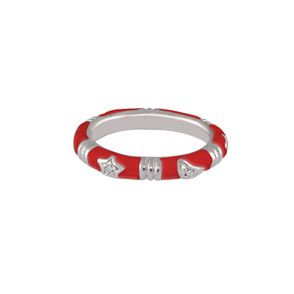 Stars of Night Stackable Ring — Slim Station Band, red enamel with silver star and heart accents on Tampa Home & Garden Store