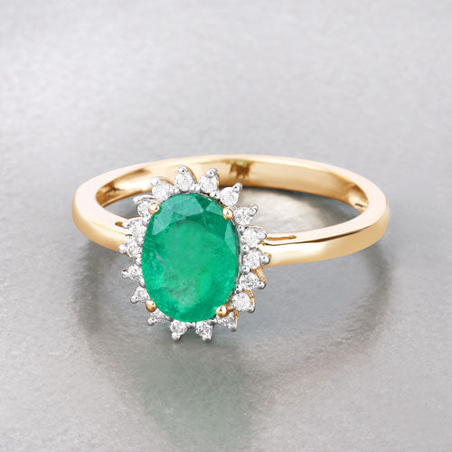 Ring with 1.34ct genuine Zambian emerald and white diamond halo in 10K yellow gold on Tampa Home & Garden Store
