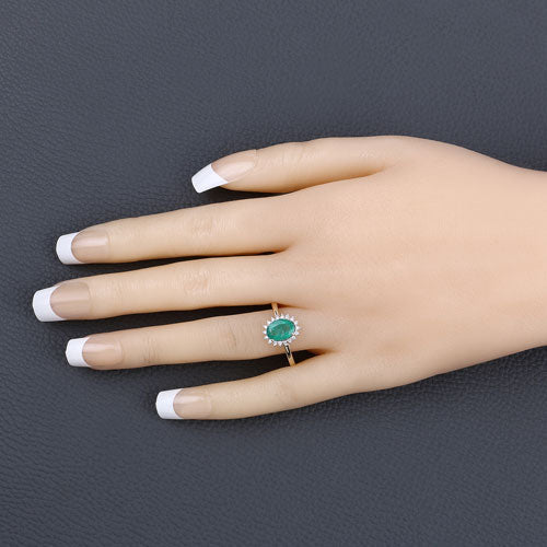 Emerald and white diamond halo ring, 1.34ct Zambian emerald in 10K yellow gold on Tampa Home & Garden Store