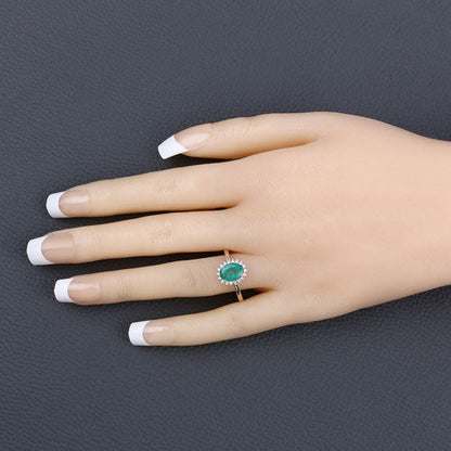 Emerald and white diamond halo ring, 1.34ct Zambian emerald in 10K yellow gold on Tampa Home & Garden Store
