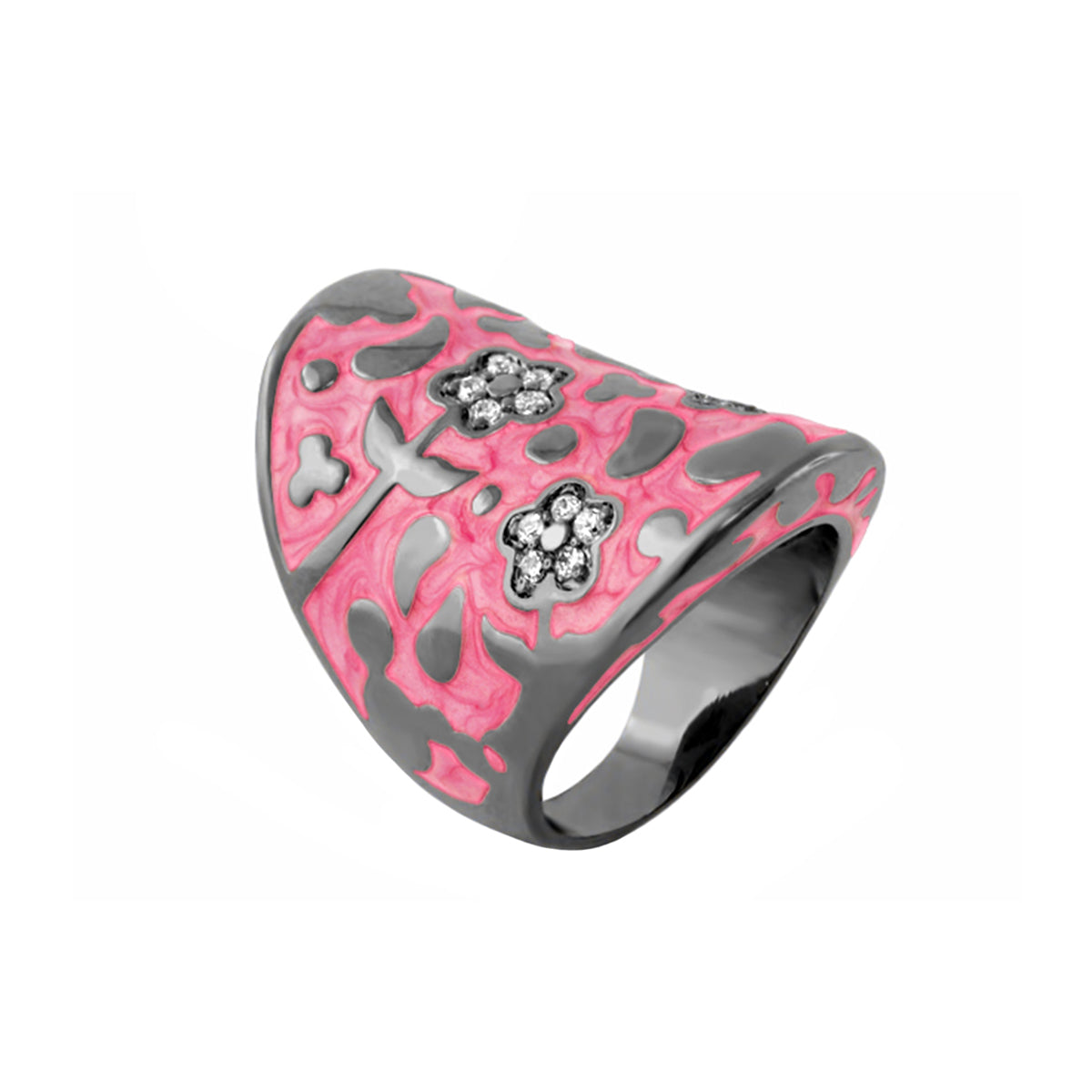 Cocktail ring Flowers by Orly Swirl Pavé Flower Dome pink enamel with swirls and crystals on Tampa Home & Garden Store