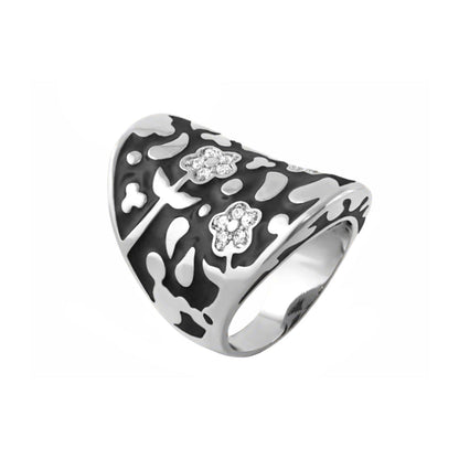 Cocktail ring Flowers by Orly Swirl Pavé Flower Dome, black enamel band with diamonds on Tampa Home & Garden Store