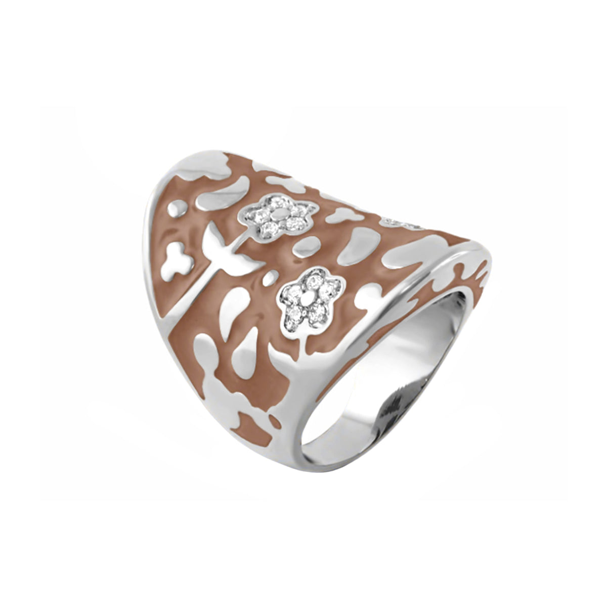 Flowers by Orly cocktail ring with swirl brown enamel, silver band, pavé diamond flowers on Tampa Home & Garden Store
