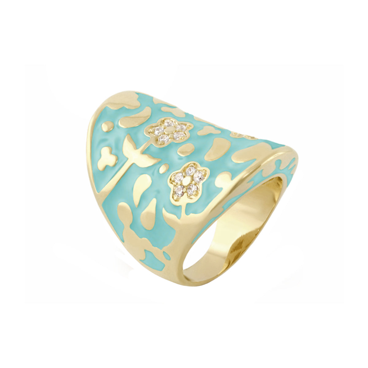 Cocktail ring Flowers by Orly Swirl Flower Dome turquoise enamel on gold with diamonds on Tampa Home & Garden Store