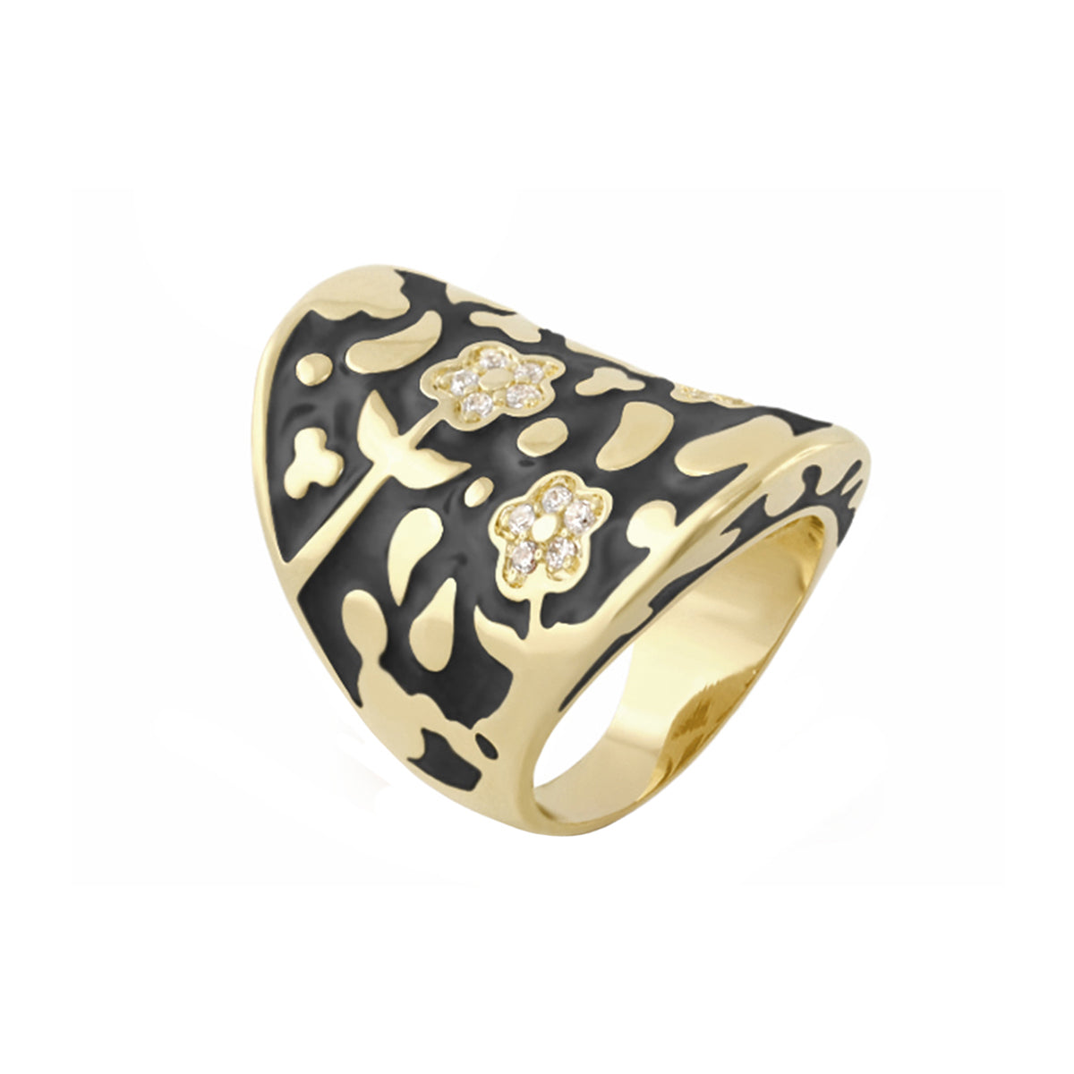 Cocktail ring Flowers by Orly Swirl Pavé Flower Dome in gold with black enamel and diamonds on Tampa Home & Garden Store