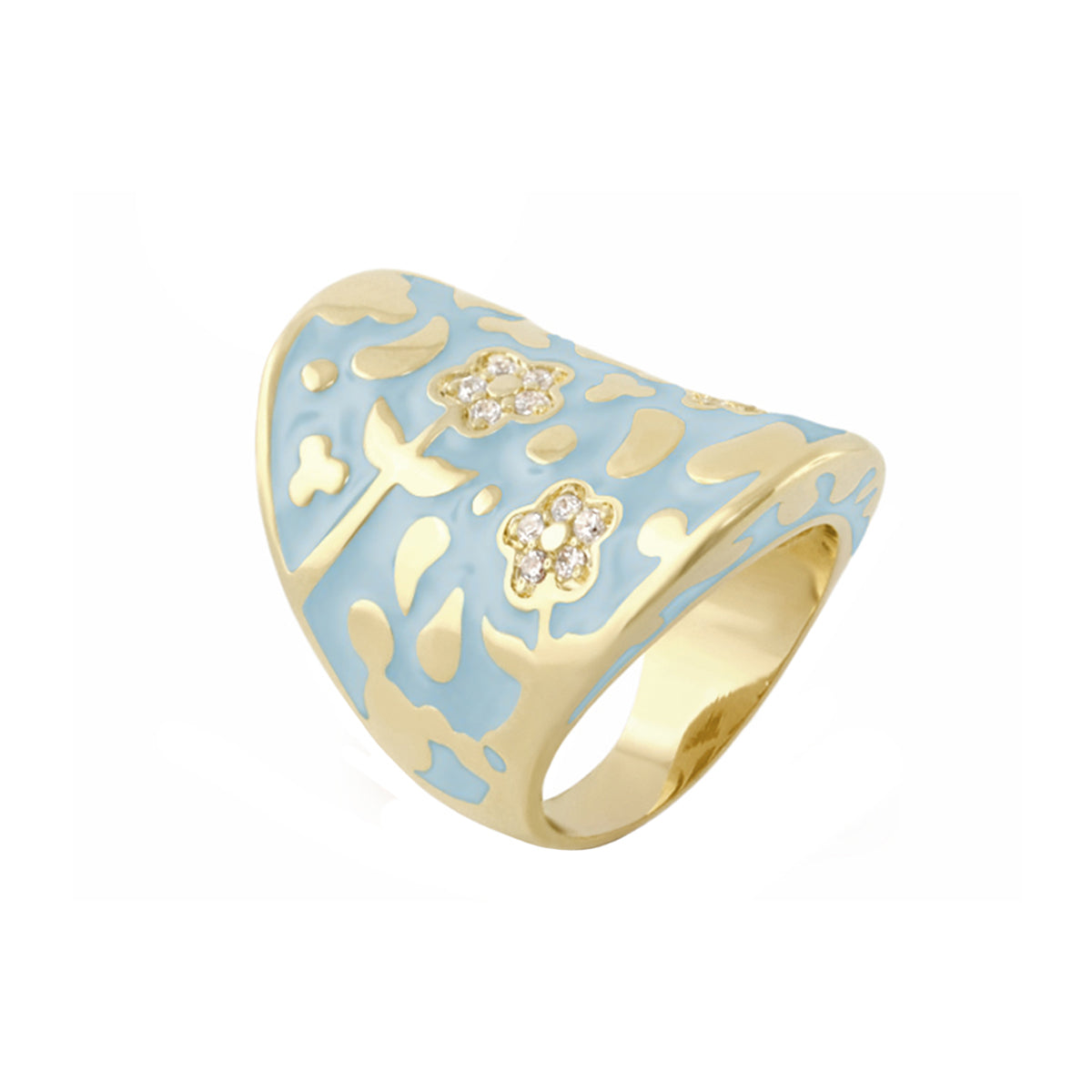 Flowers by Orly Swirl Pavé Flower Dome cocktail ring in blue enamel with gold band and pavé on Tampa Home & Garden Store