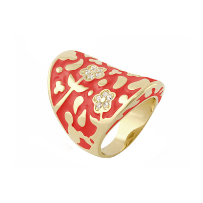 Cocktail ring Flowers by Orly Swirl Pavé Flower Dome red enamel with gold setting and diamonds on Tampa Home & Garden Store