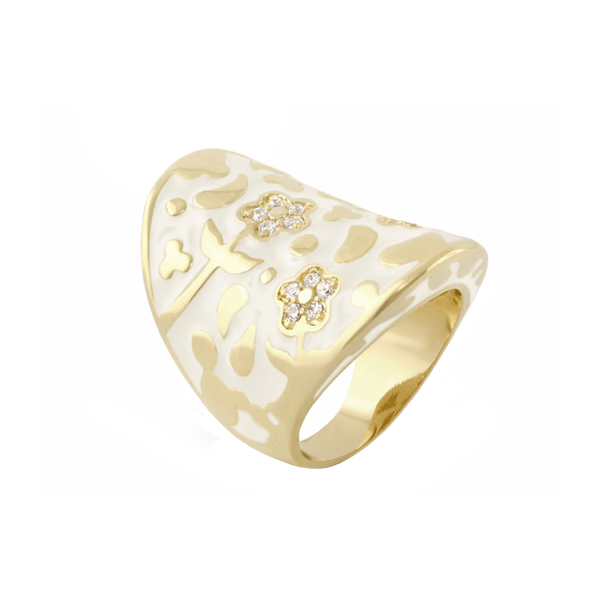 Flowers by Orly Cocktail Ring Swirl Pavé Flower Dome, gold-tone with white enamel on Tampa Home & Garden Store