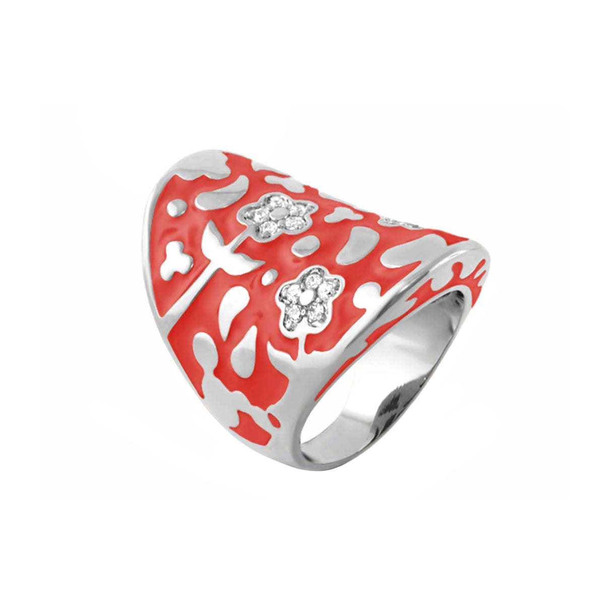 Flowers by Orly cocktail ring Swirl Pavé Flower Dome with red enamel and pavé floral diamonds on Tampa Home & Garden Store