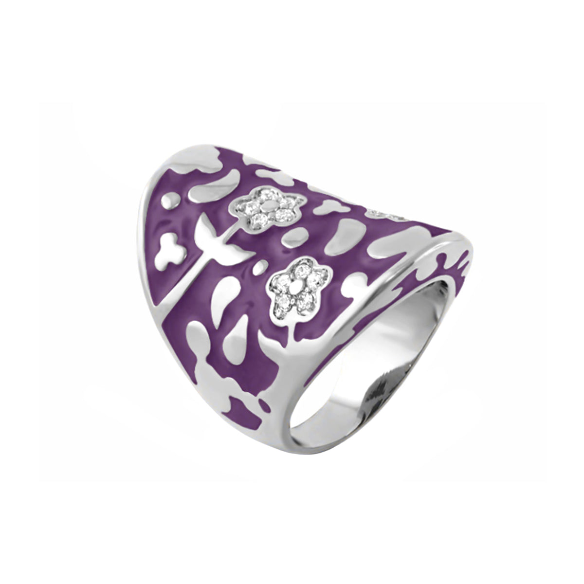 Orly Flowers Cocktail Ring — Swirl Pavé Dome, purple enamel with crystal accents, silver band on Tampa Home & Garden Store