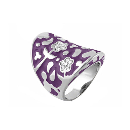 Orly Flowers Cocktail Ring — Swirl Pavé Dome, purple enamel with crystal accents, silver band on Tampa Home & Garden Store