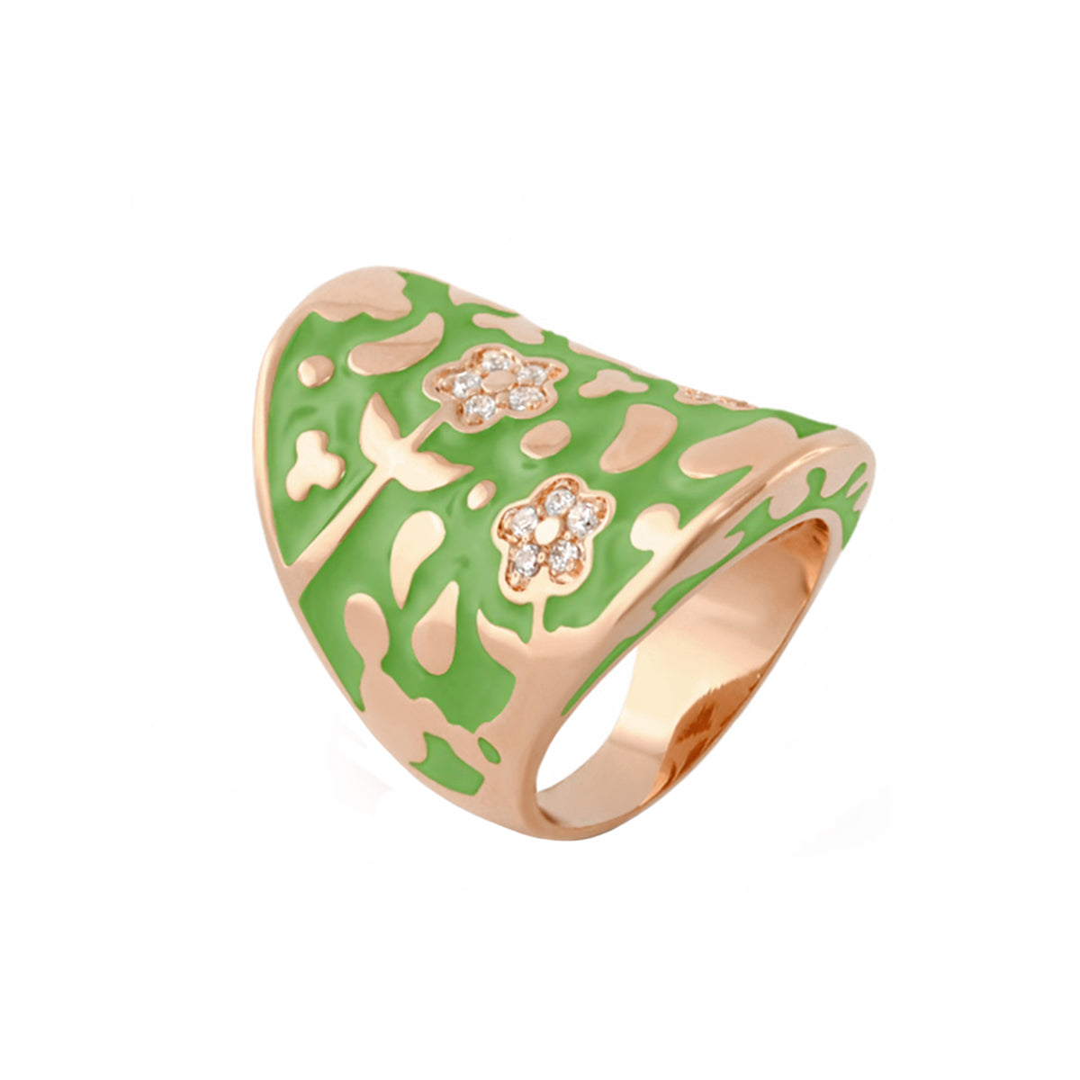 Flowers by Orly Cocktail Ring Swirl Pavé Flower Dome green enamel rose-gold band on Tampa Home & Garden Store