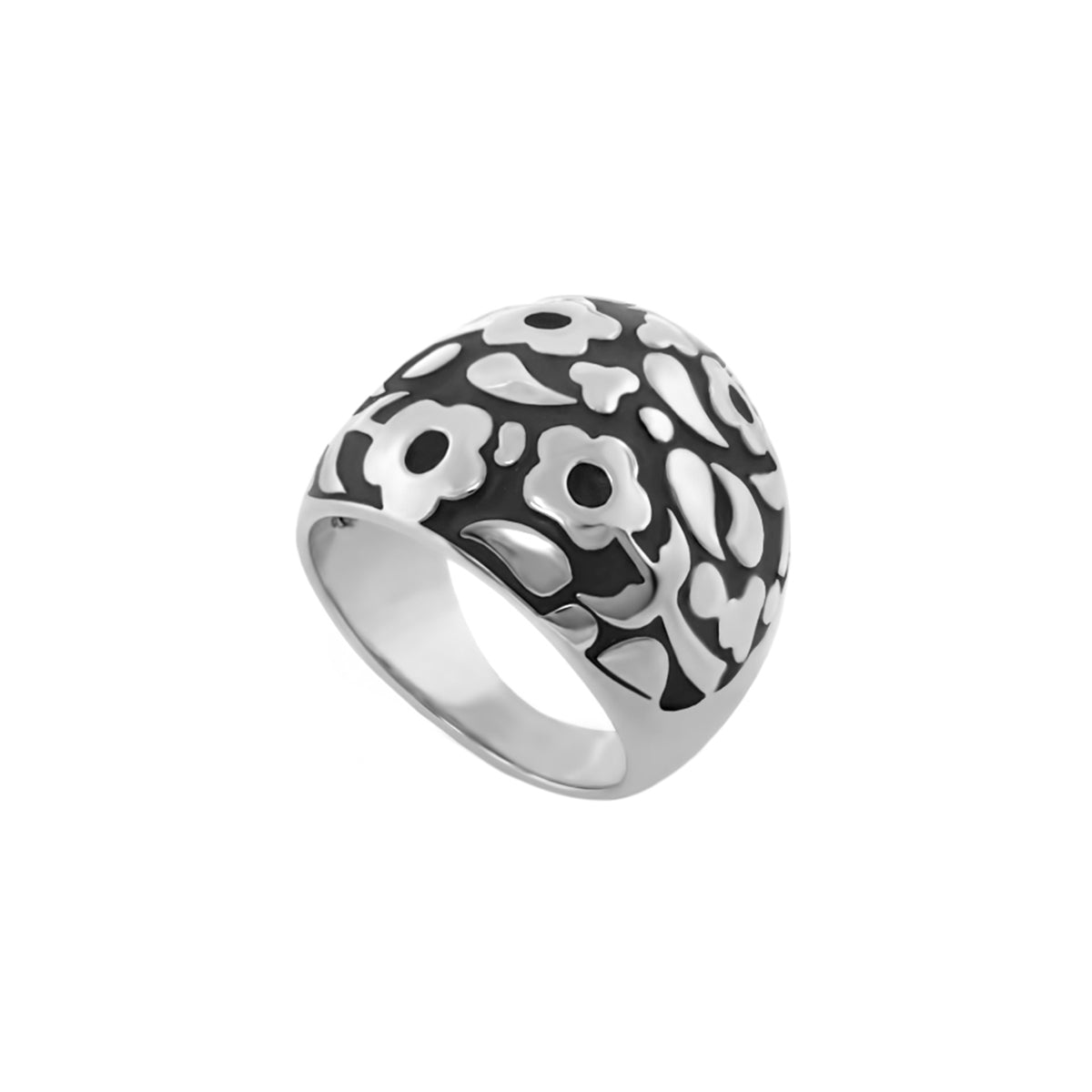 Orly Domed Flower Inlay cocktail ring in silver with black enamel florals by Lauren G Adams on Tampa Home & Garden Store