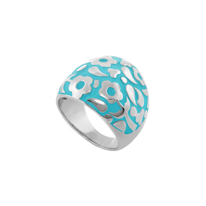 Domed flower inlay cocktail ring turquoise enamel with silver petals by Lauren G Adams on Tampa Home & Garden Store