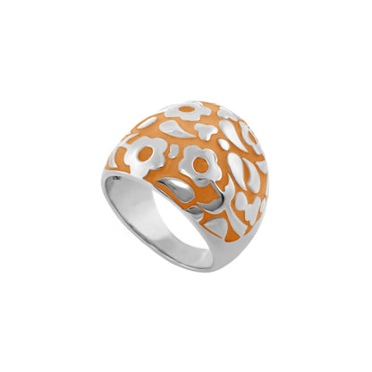 Domed Flower Inlay Ring Lauren G Adams orange enamel with white floral inlay on silver band on Tampa Home & Garden Store