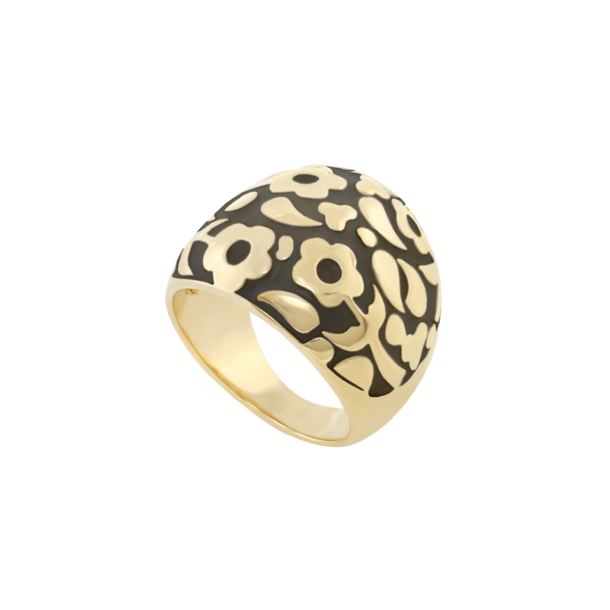 Flowers by Orly Ring Domed Flower Inlay, gold-tone wide band with black enamel floral motif on Tampa Home & Garden Store