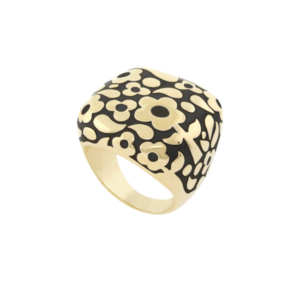 Cocktail ring Flowers by Orly Contrast Flower Dome in gold with black enamel floral pattern on Tampa Home & Garden Store
