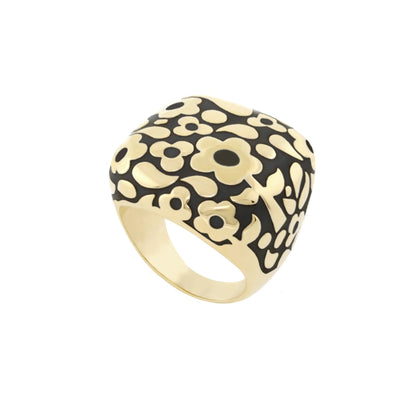 Cocktail ring Flowers by Orly Contrast Flower Dome in gold with black enamel floral pattern on Tampa Home & Garden Store