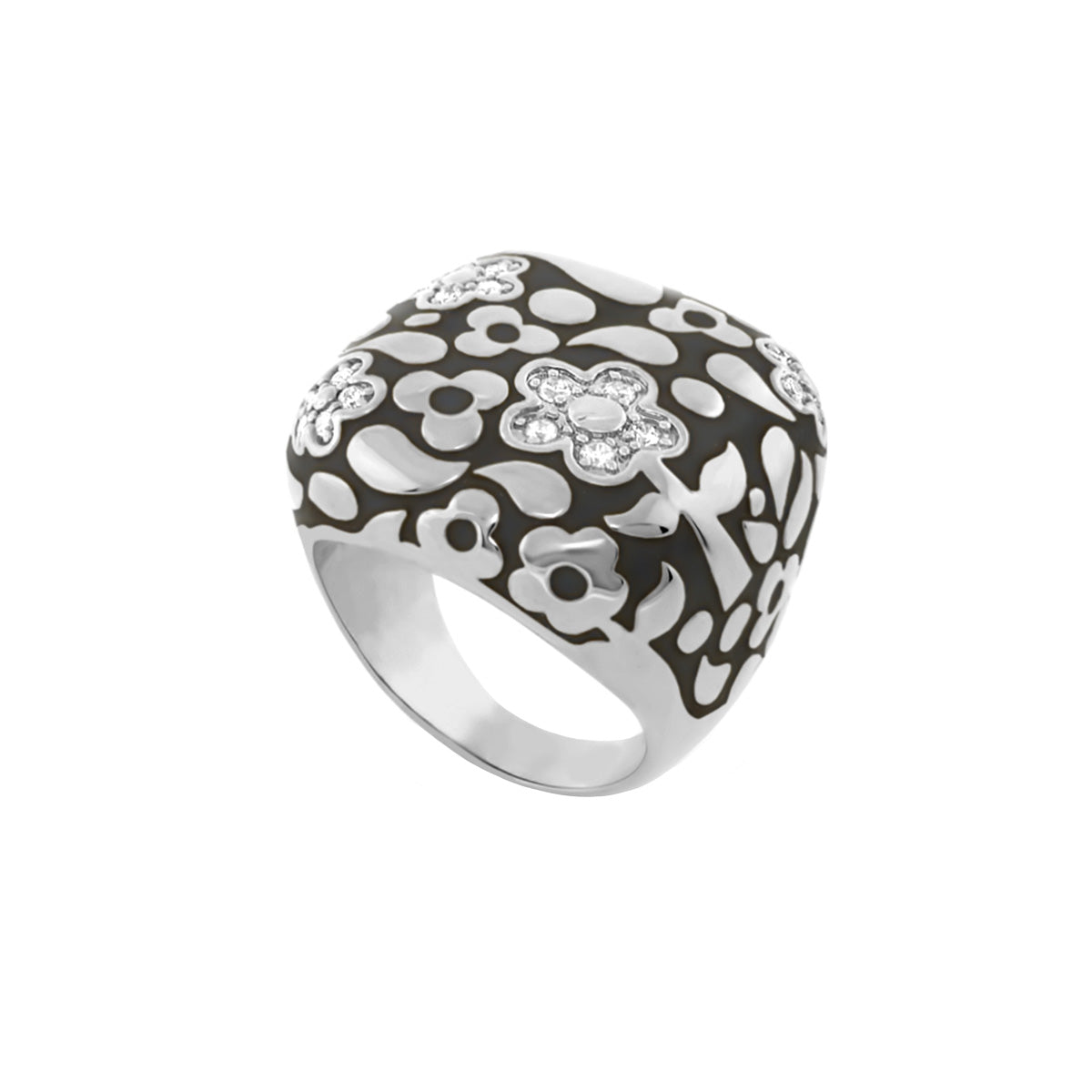Cocktail ring Flowers by Orly Pavé FlowerDome black enamel with white pavé petals Lauren G Adams on Tampa Home & Garden Store