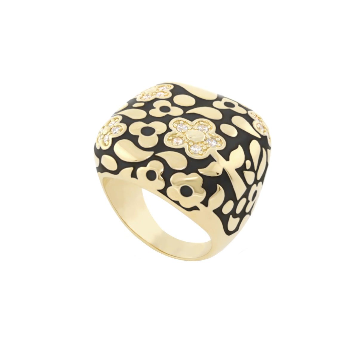 Cocktail ring Pavé Flower Dome in gold-tone with black enamel and flowers Lauren G Adams on Tampa Home & Garden Store